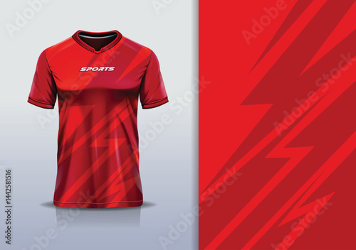 T-shirt mockup abstract line flash jersey design for football, soccer, racing, esports, running, in red color
