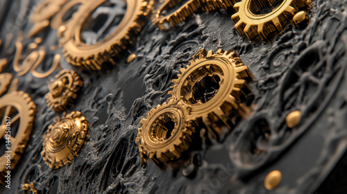 Closeup of Bronze and Black Mechanical Gears photo