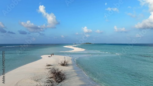 Aerial view with Tropical sandbar in maldives paradise and blue sea. Maldivian sandbank in Indian ocean
