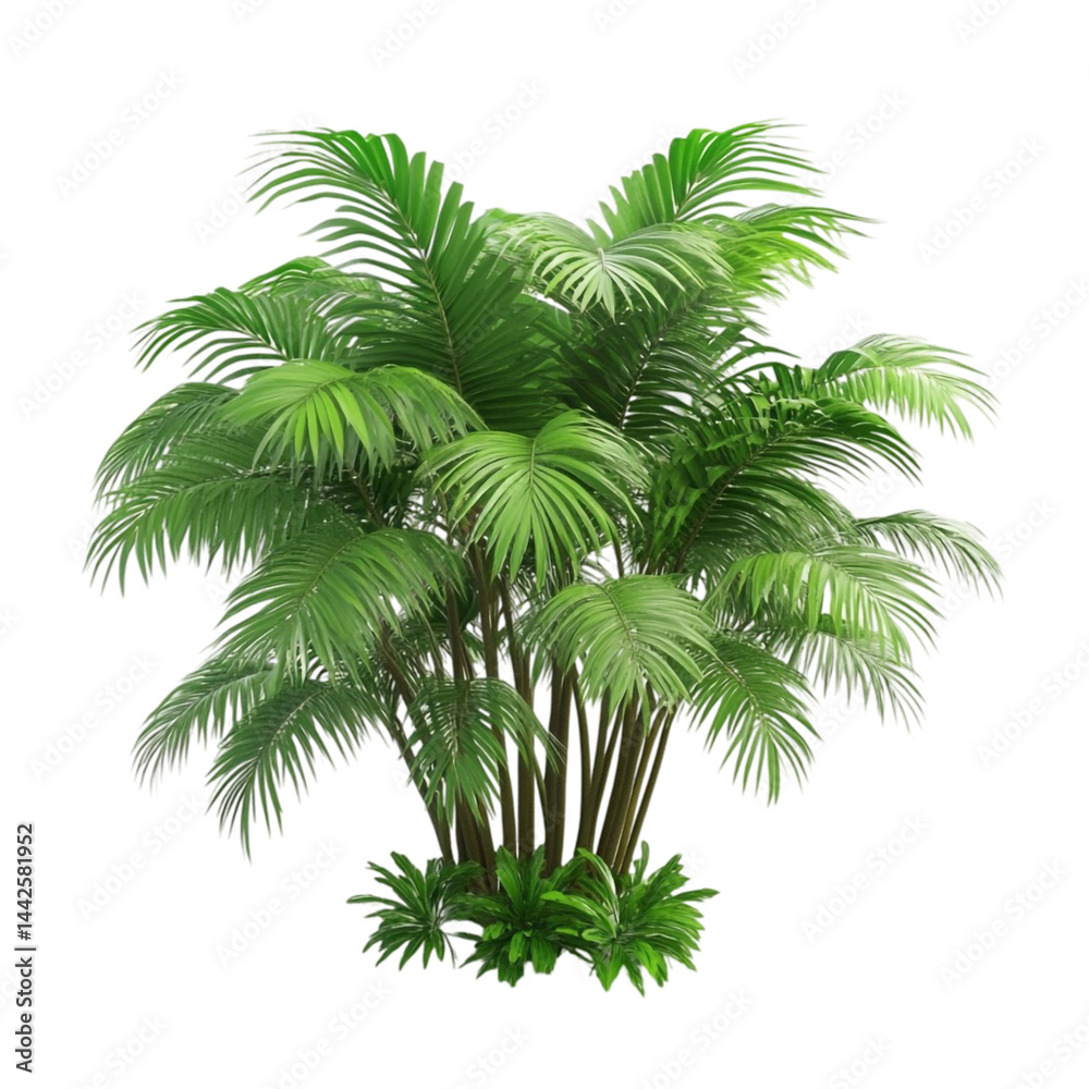 Obraz premium Lush green palm tree isolated on white background with colorful abstract lines