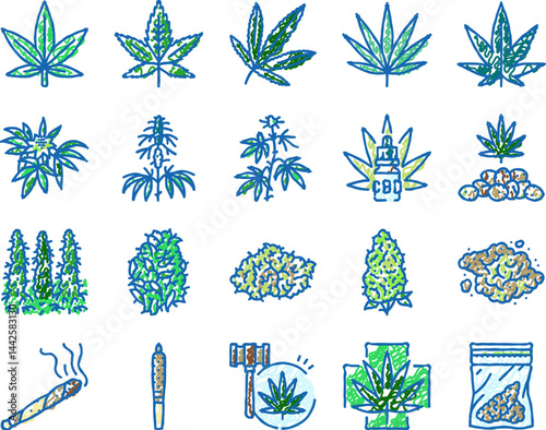 cannabis plant leaf weed hemp icons hand drawn