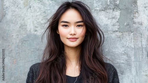 A woman with long brown hair is smiling. She is wearing a black jacket and a black shirt