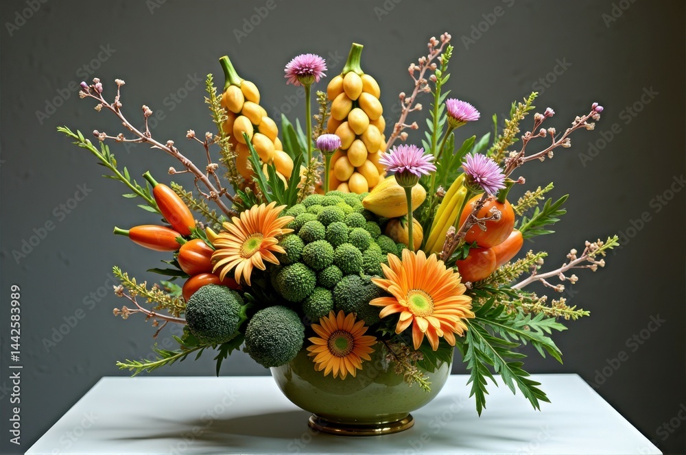 Naklejka premium Vibrant flower and vegetable arrangement in a ceramic bowl