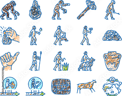 human evolution man caveman icons hand drawn
