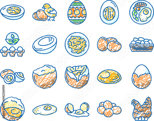 egg chicken farm food organic icons hand drawn