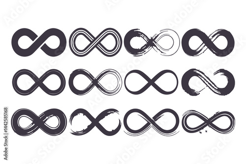 Infinity Symbols Vector Collection. Black Infinity Illustrations on White Background in Classic, Minimal, and Artistic Styles for Logos, Branding, and Math Concepts
