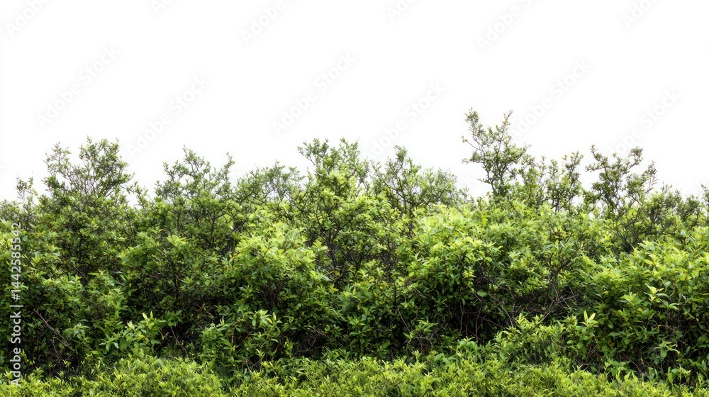 Fototapeta premium Set of untouched forest with thick underbrush and vibrant green colors on white background.