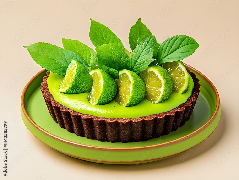 A sophisticated chocolate yuzu tart featuring a rich, glossy chocolate layer paired with vibrant citrus flavors, offering a refined and modern dessert experience.