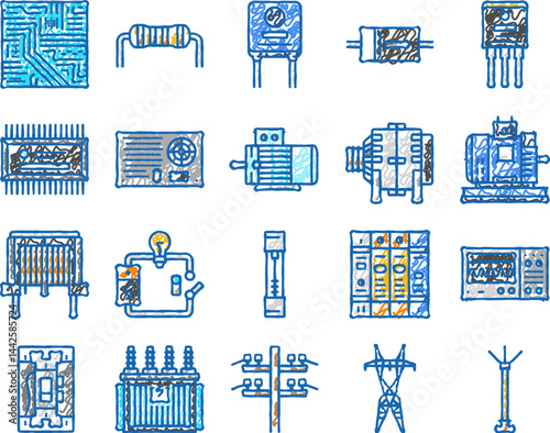 electrical engineer industry work icons hand drawn