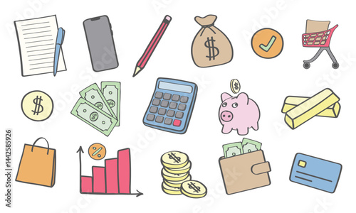 Collection of hand-drawn doodle-style financial icons in vector format, featuring money symbols like piggy bank, dollar bills, coins, wallet, credit card, calculator, and more. Ideal for business pres