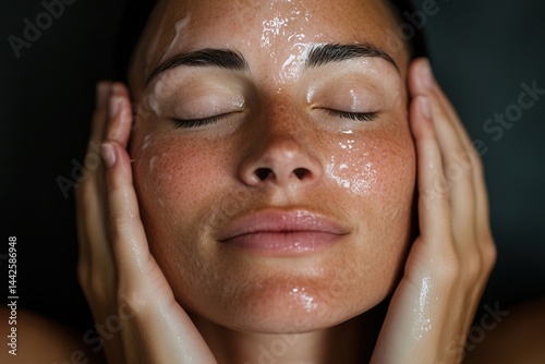 With closed eyes and a serene expression, a woman gently massages moisturizing cream onto her face, embracing a daily skincare ritual for healthy, radiant skin