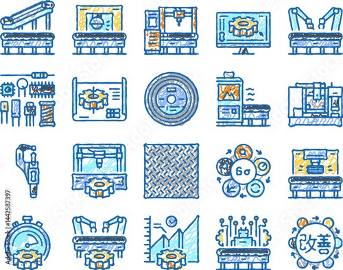 manufacturing industry factory icons hand drawn