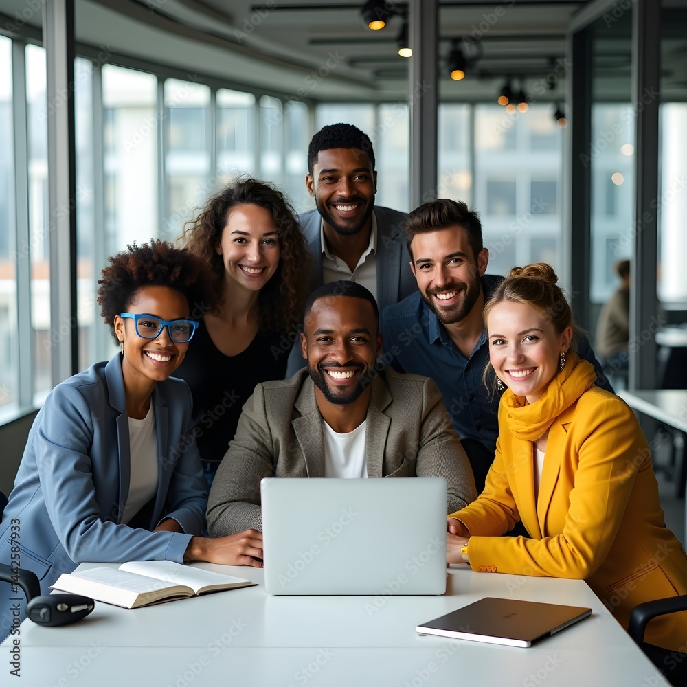 Obraz premium Happy diverse business people embrace in office. Teamwork success. Smiling colleagues in casual office. Looking at camera with confident expressions. Successful, friendly business partners. Modern