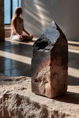 Wallpaper Mural Grounded yogi poses beside black tourmaline wand on clean stone surface Torontodigital.ca