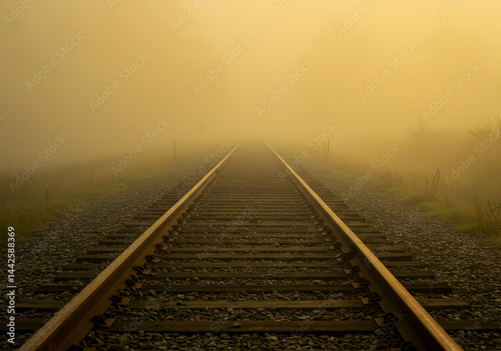 Obraz premium Misty Railway Tracks Vanishing into Golden Fog Ethereal Journey into the Unknown Golden Hour Haze on the Rails