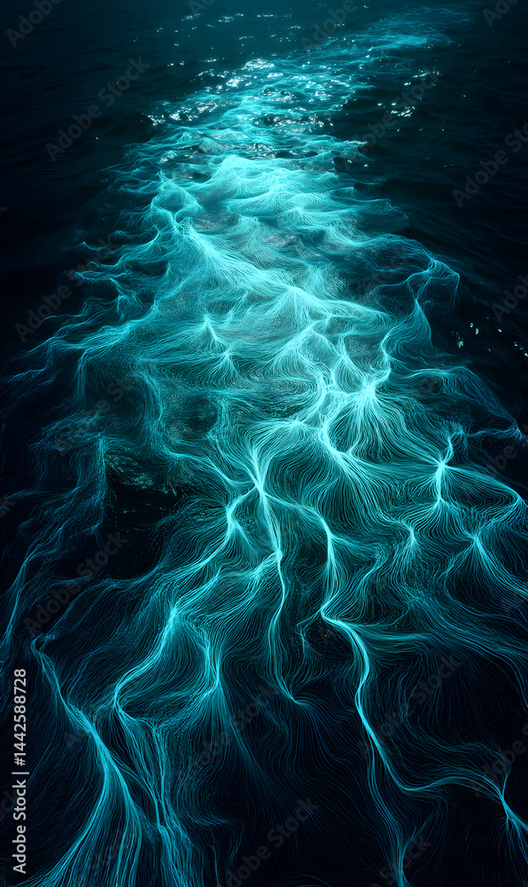 Obraz premium A mesmerizing display of bioluminescence in the deep ocean waters creating an ethereal glow