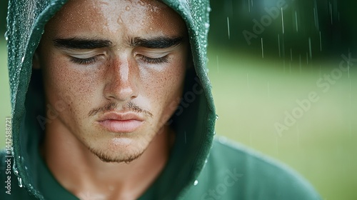 A man with a green hoodie on and a beard. He is looking at the camera. The hoodie is wet
