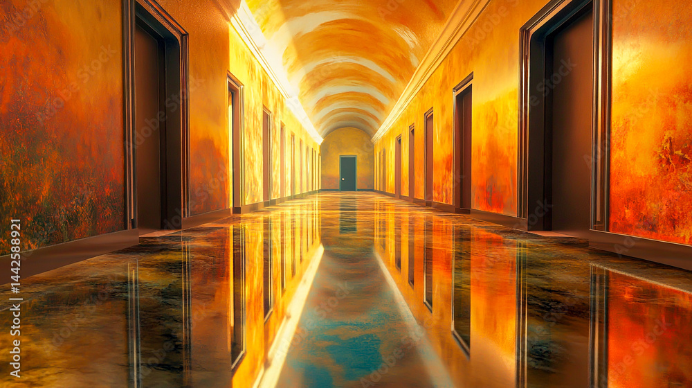 Fototapeta premium Long Reflective Corridor with Distant Door