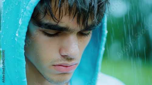 A man with wet hair and a blue hoodie. He is looking down