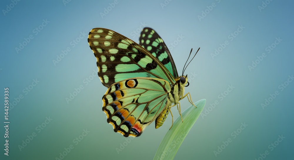 Obraz premium Green Butterfly on Leaf Close Up
