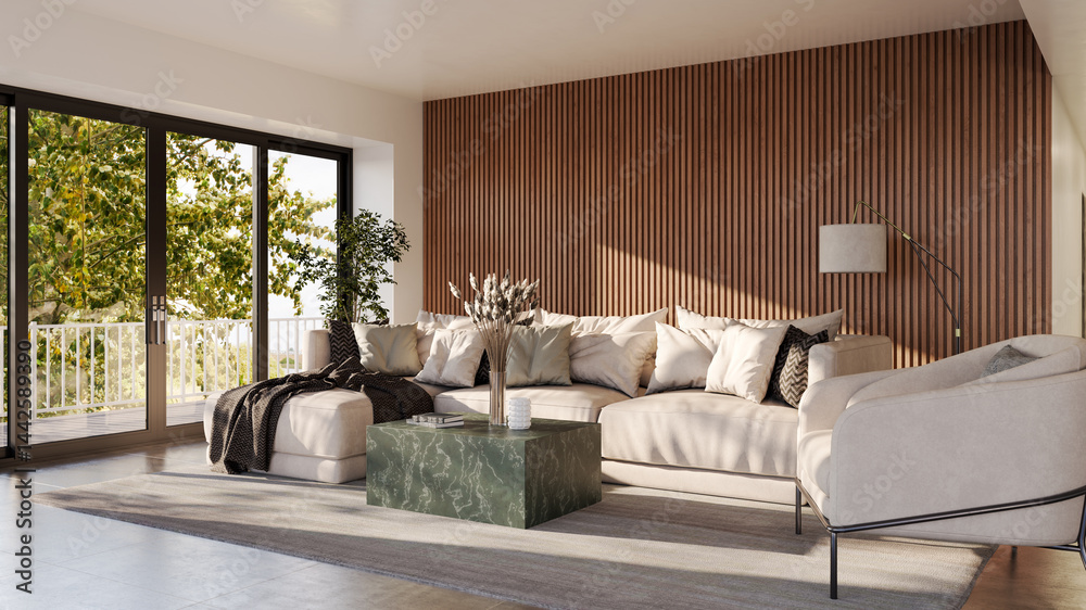 Obraz premium Large luxury modern bright interiors Living room mockup illustration 3D rendering image
