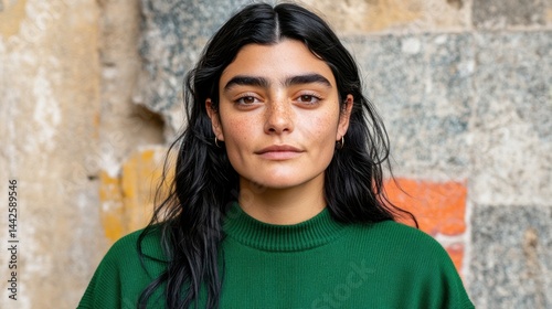 A woman with dark hair and a green sweater. She is wearing earrings. She is looking at the camera