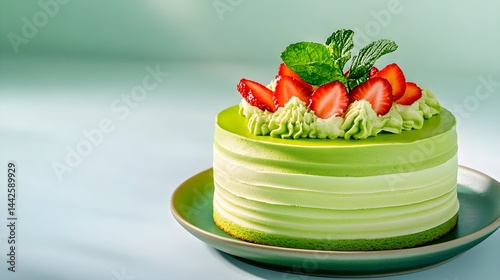 Obraz na płótnie A delicate rare matcha mille crepe cake featuring ultra-smooth, soft, and thin green tea layers, showcasing refined dessert craftsmanship and subtle sweetness. w salonie