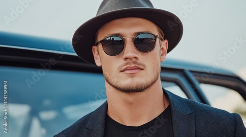 A man wearing a hat and sunglasses. He is standing in front of a car. The car is black