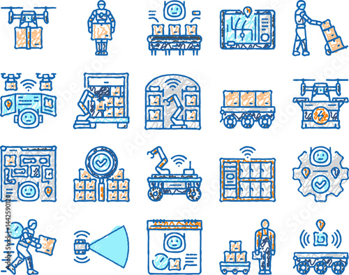 delivery autonomous robot icons hand drawn