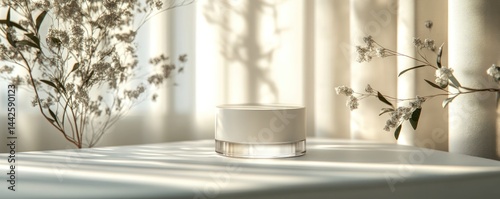 Elegant cream product display with natural elements