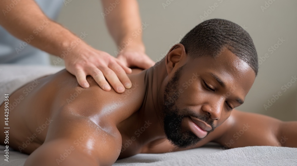 An African American man is experiencing tranquility as he receives a soothing back massage