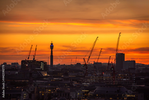Sunset over the city of London, England. Skyline on sunset
