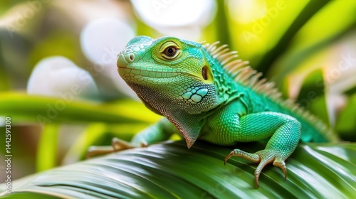 A green lizard is sitting on a leaf. It has a long tail and is looking at the camera