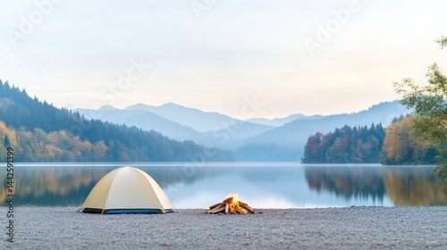 Tranquil campsite by a serene lake at dawn.  