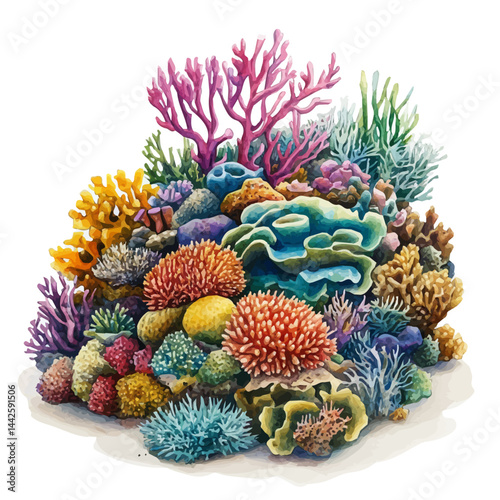 coral reef teeming with marine life, watercolor drawing, isolated on a white background. coral reef teeming with marine life vector.