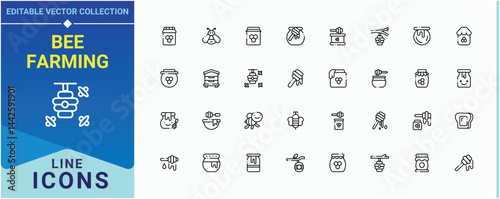 Bee Farming icon set. Contains outline symbols like bee, hive, beeswax, apiary, organic and more. Bee And Honey icon set. Minimal icons pack. Pictogram and infographic.