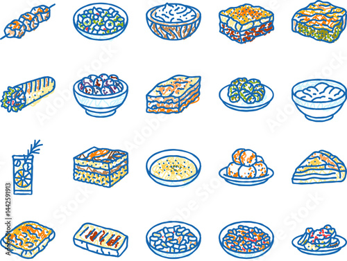 greek cuisine food lunch icons hand drawn