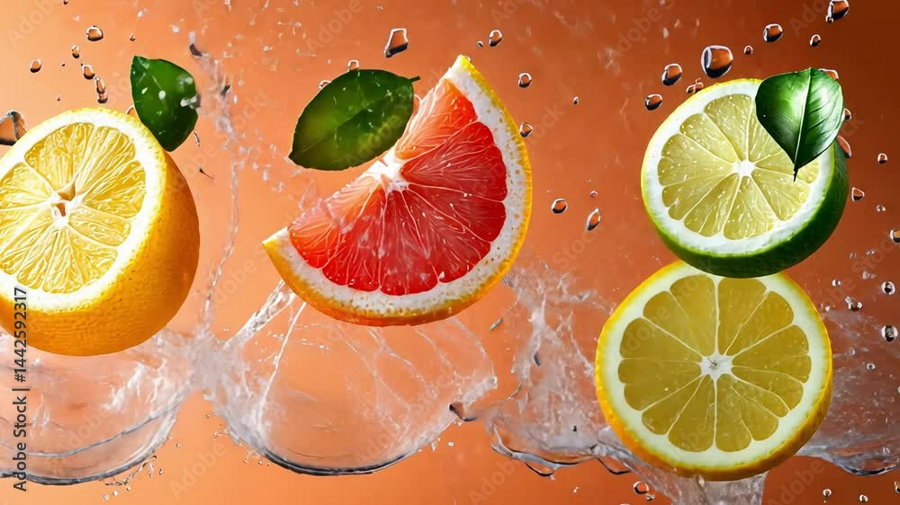 Fresh citrus slices splashing in water on vibrant background.