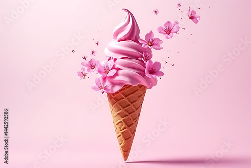 Delightful ice cream cone with cherry blossoms pink background sweet treat whimsical vibe