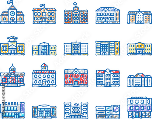 building school exterior modern icons hand drawn
