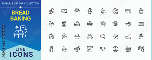 Bread Baking vector icon set. Includes thin line symbols cook, boil, utensil, cooking, food. Baking simple icon set. Minimal thin line web icons set. Vector illustration.