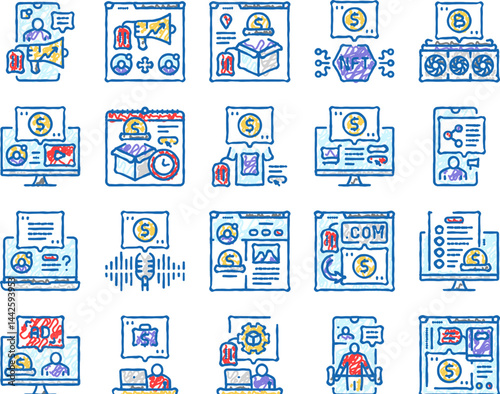 make money internet money online icons hand drawn