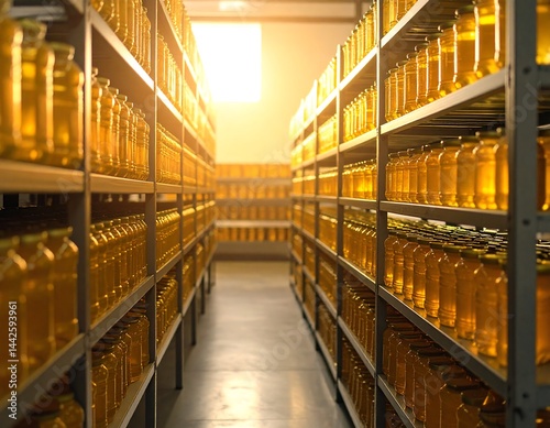 Rows of Honey Jars Stored on Shelves in a Warehouse Golden Honey in Glass Jars Honey Production Facility