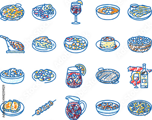 spanish cuisine food paella tapas icons hand drawn