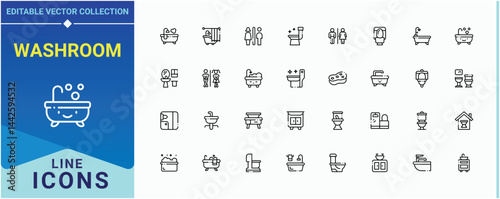 Washroom icon collection. Contains related to bath, toilet, sanitary, wash room and more. Bathroom icon set. Minimalist editable vector stroke. Editable stroke. Vector collection.