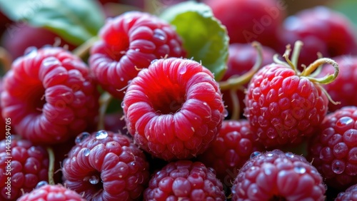 a close up of fresh raspberries with dewdrops.