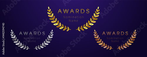 Set of artistic handdrawn brushing style round frames. Gold, silver and bronze awards design. Awarded palm branches. Achievement symbol of the first, second and third place. Creative floral circle.