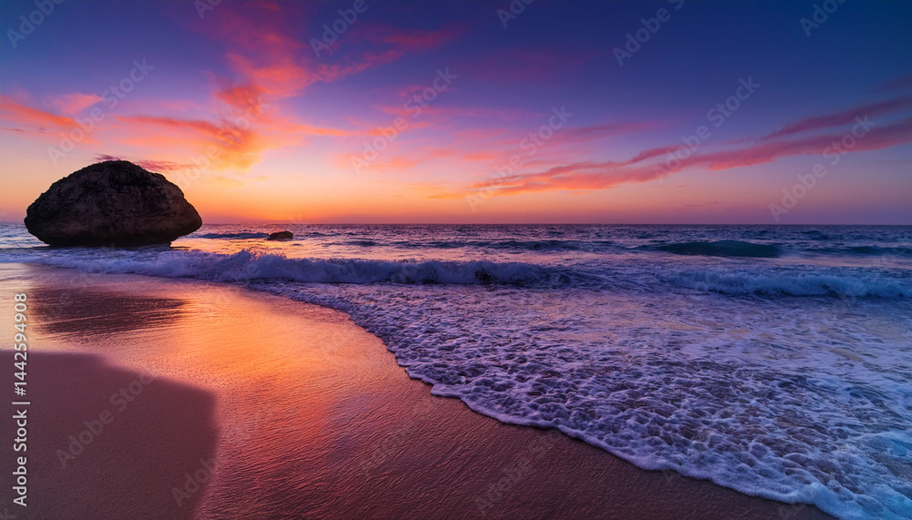 Obraz premium serene beach landscape at sunset with gentle waves and a solitary rock illuminated by vibrant hues in the sky generative ai
