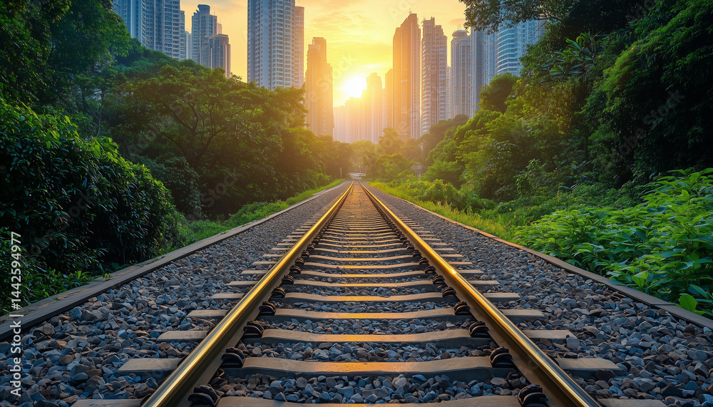 Fototapeta premium A railway track runs through lush greenery toward a modern city skyline at sunrise.