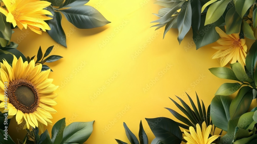 Bright yellow sunflowers and lush green leaves frame a vivid yellow background